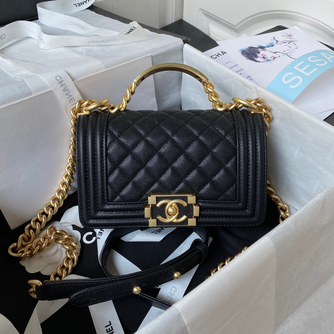 CC Boy Flap Bag with Handle Grained Shiny Calfskin & Gold-Tone Metal 20 x 12 x 7cm