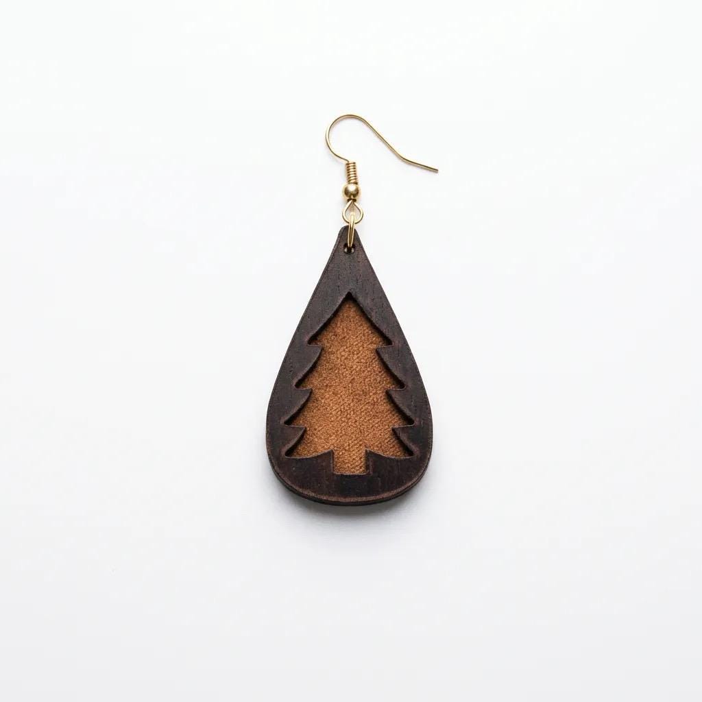 Handmade Leather Teardrop Earrings, Tree Design, Boho Rustic Nature Jewelry