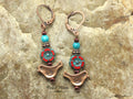 Antique Copper Bird Earrings with Red Czech Glass Hawaiian Flower and Turquoise Wash - Minimalist Boho Dangle Earrings - Customized Earwires
